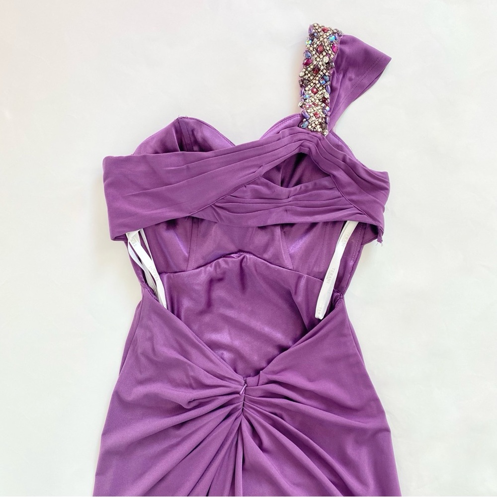 Terani Couture One Shoulder Rhinestone Beaded Formal Maxi Gown Dress Purple 0 - Picture 11 of 16
